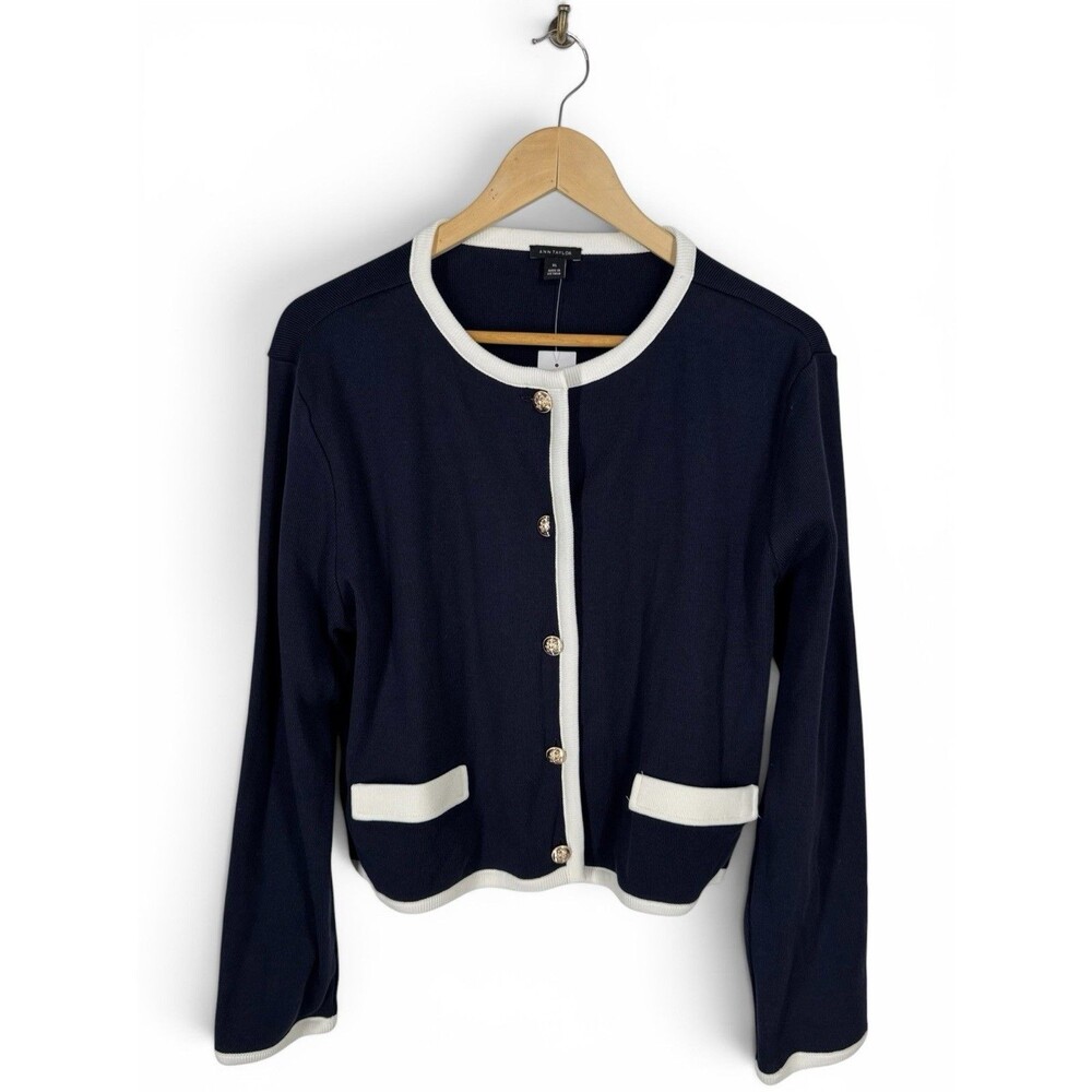 Ann Taylor NWT Navy Blue & White Cardigan Sweater Lion Crest Buttons Nautical XL - Picture 2 of 6